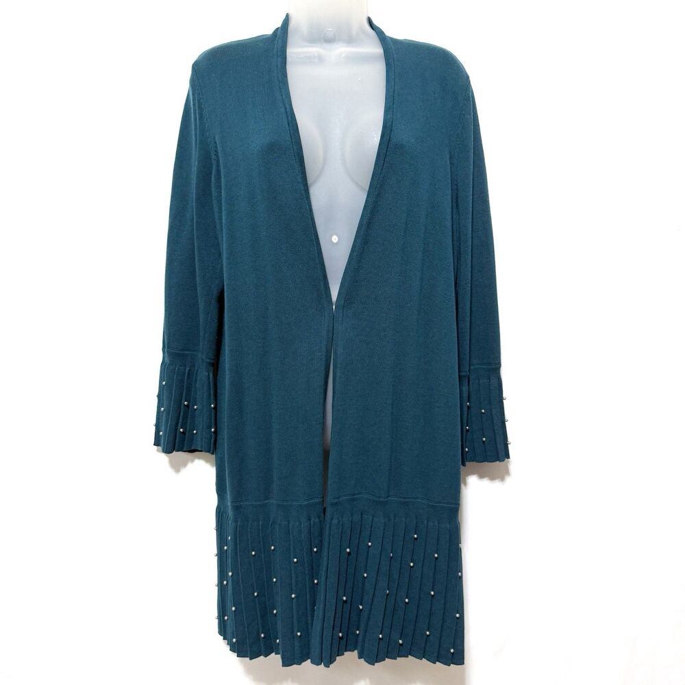 Chico’s Size 1 M Teal Open Front Duster Cardigan Faux Pearl Beaded Pleated Hem